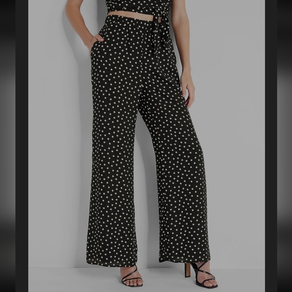 Super High Waisted black polka dot Wide leg pant in black print